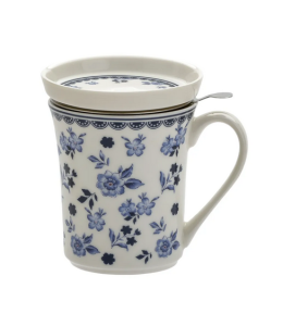 Kubek z zaparzaczem porcelanowy + pokrywka + sitko kwiaty 300 ml