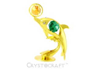 Metalowa figurka pozłacana delfin z piłką złota cyrkonie swarovski delfinek