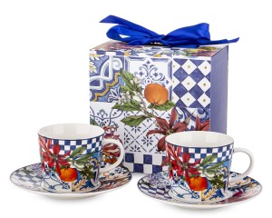 Filiżanki Porcelanowe Zestaw 2 Sztuki dla dwojga owoce komplet ze spodkiem