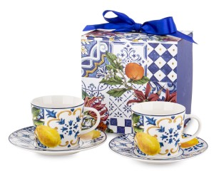 Filiżanki Porcelanowe Zestaw 2 Sztuki dla dwojga owoce komplet ze spodkiem