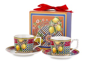 Filiżanki Porcelanowe Zestaw 2+2 dla dwojga owoce komplet ze spodkiem 220ml