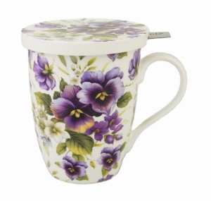 Kubek z zaparzaczem porcelanowy + pokrywka + sitko kwiaty 450 ml