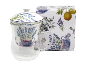 Elegancki szklany kubek z porcelanową pokrywką i zaparzaczem 400 ml lawenda