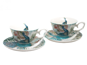 Elegancki porcelanowy zestaw filiżanek motywem pawia 220 ml kawa herbata