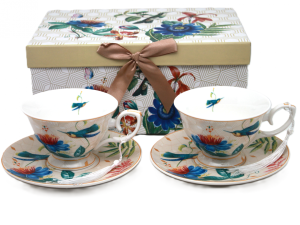 Elegancki porcelanowy zestaw filiżanek ptaki i kwiaty 220 ml kawa herbata
