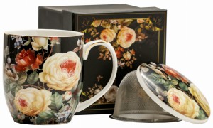 Kubek z zaparzaczem porcelanowy pokrywka sitko kwiaty 420ml idealny prezent