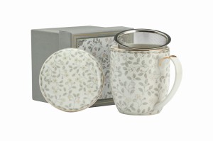 Kubek z zaparzaczem porcelanowy pokrywka sitko subtelna elegancja 425ml