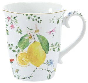 Elegancki porcelanowy kubek z motywem cytryn kwiaty 275 ml idealny prezent