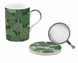 Kubek Porcelanowy z zaparzaczem motyw lasu wood zielony tropikalne drzewa