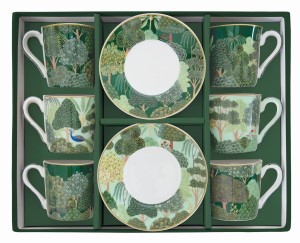 Komplet porcelanowy filiżanki 100ml drzewiaste 6+6 zieleń las wood