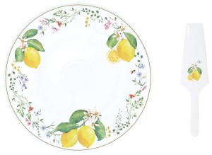 Porcelanowya Patera Na Ciasto z Łopatką Talerz 32 cm cytryny kwiaty boho