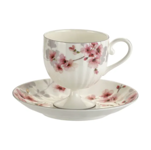 Elegancka filiżanka porcelanowa na nóżce + spodek 210 ml kwiaty wiśni