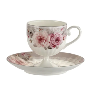 Elegancka filiżanka porcelanowa na nóżce + spodek 210 ml kwiaty 1 szt