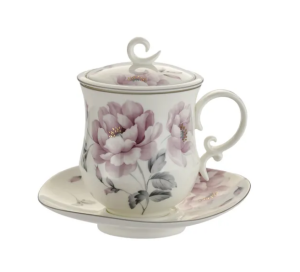 Kubek z zaparzaczem porcelanowy pokrywka spodek sitko 380ml kwiaty prezent