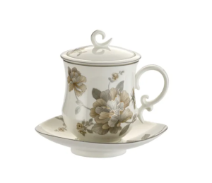 Kubek z zaparzaczem porcelanowy pokrywka spodek sitko 380ml vintage prezent