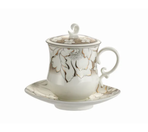 Kubek z zaparzaczem porcelanowy pokrywka spodek sitko 380ml do ziół herbaty