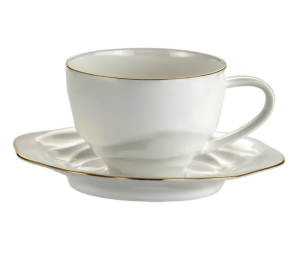 Elegancka filiżanka porcelanowa + spodek 250 ml biała zdobiona złote paski