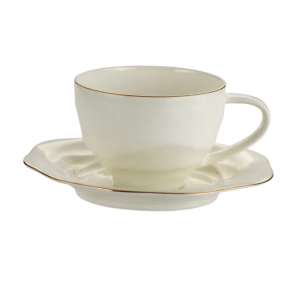 Elegancka filiżanka porcelanowa + spodek 250 ml ecru krem złote paski