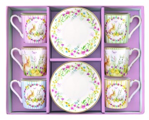 Filiżanki do espresso 6+6 100 ml pastelowe kolory kwiaty wielkanoc królik