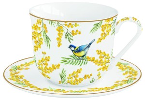 Filiżanka duża pojedyncza 370 ml + spodek motyw sikorka mimoza na prezent