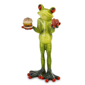 Figura żaba żabka z jabłkiem i burgerem w ręce zdziwiona śmieszna figurka