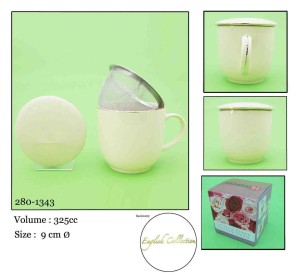 Kubek z zaparzaczem porcelanowy pokrywka spodek sitko 325ml ecru złoty 