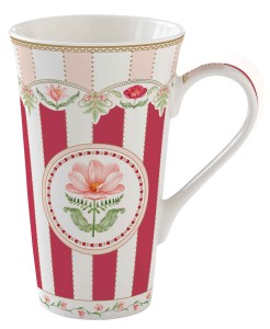 Duży kubek porcelanowy 600 ml czerwone paski motyw kwiatów ozdobne pudełko