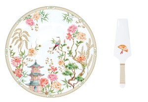Porcelanowa Patera Na Ciasto z Łopatką Talerz 30 cm letni wzór kwiaty ptak