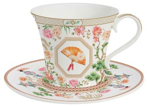 Filiżanka duża pojedyncza 200 ml + spodek pastelowe kolory ptaki kwiaty