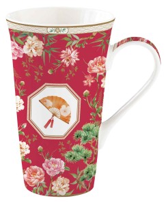 Duży kubek porcelanowy 600 ml pastelowe kolory letni wzór ptaki kwiaty