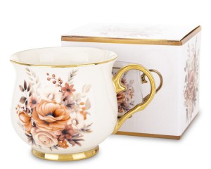 Kubek Porcelanowy 430 ml Biały Kwiaty Złoto Elegancki Pudełko Prezent