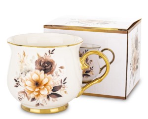 Kubek Porcelanowy 430 ml Biały Kwiaty Złoto Elegancki Pudełko Prezent
