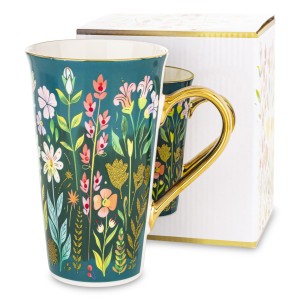Duży kubek porcelanowy 700 ml turkus motyw kwiatów złoty ozdobne pudełko