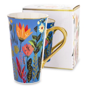 Duży kubek porcelanowy 700 ml niebieski motyw kwiatów złoty ozdobne pudełko