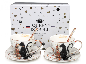 Kpl porcelanowy filiżanki 220ml kolorowe + łyżeczki Zestaw dla dwojga Koty