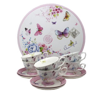 Filiżanki Kwiaty 6+6 komplet kawa herbata porcelanowe 330 ml prezent