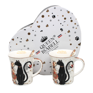 Zestaw Kubków Kpl 2 szt dla Dwojga Porcelana Kubki kot koty + łyżeczki