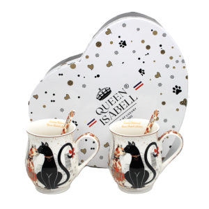 Zestaw Kubków Kpl 2 szt dla Dwojga Porcelana Kubki kot koty + łyżeczki