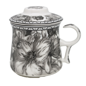 0Kubek z zaparzaczem porcelanowy + pokrywka + sitko motyw kwiaty 350ml 