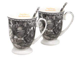 Zestaw Kubków Kpl 2 szt dla Dwojga Porcelana Kubki kwiaty + łyżeczki 300ml