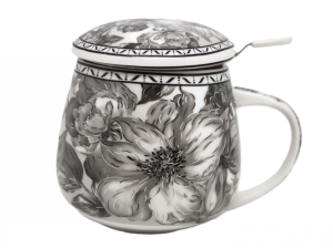 Kubek z zaparzaczem porcelanowy + pokrywka + sitko motyw kwiaty 450 ml