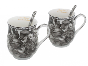 Zestaw Kubków Kpl 2 szt dla Dwojga Porcelana Kubki kwiaty + łyżeczki 350ml