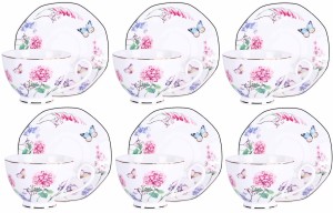 MAILY FILIŻANKI ZE SPODKIEM 6+6 BIAŁE DELIKATNY WZÓR 260ML MOTYLKI KWIATY