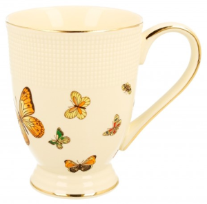 KUBEK DELIKATNY ECRU MOTYLKI NA STOPCE 400ML ELEGANCKI PORCELANA