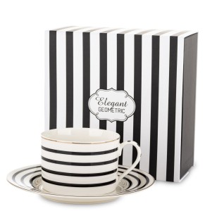 Filiżanka z Spodkiem 220 ml Elegancka Biała Czarna Paski Elegant Geometric