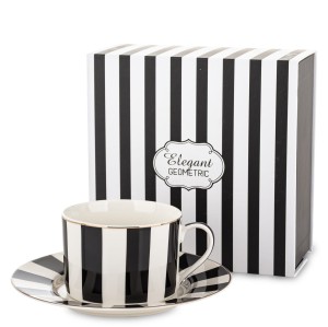 Filiżanka z Spodkiem 220 ml Elegancka Biała Czarna Paski Elegant Geometric