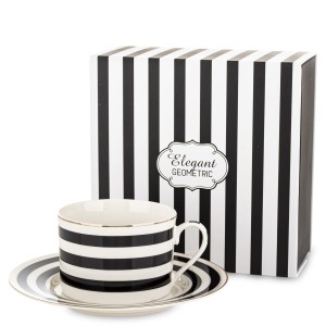 Filiżanka z Spodkiem 220 ml Elegancka Biała Czarna Paski Elegant Geometric