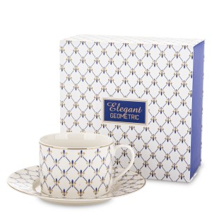 Filiżanka z Spodkiem 220 ml Elegancka Biała Niebieska Elegant Geometric