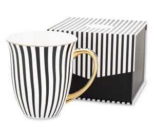 Elegancki kubek porcelanowy w czarno-białe paski z pozłacanym uchem 450 ml