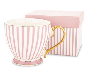 Kubek porcelanowy 450 ml różowy biały w paski z pozłacanym uchem